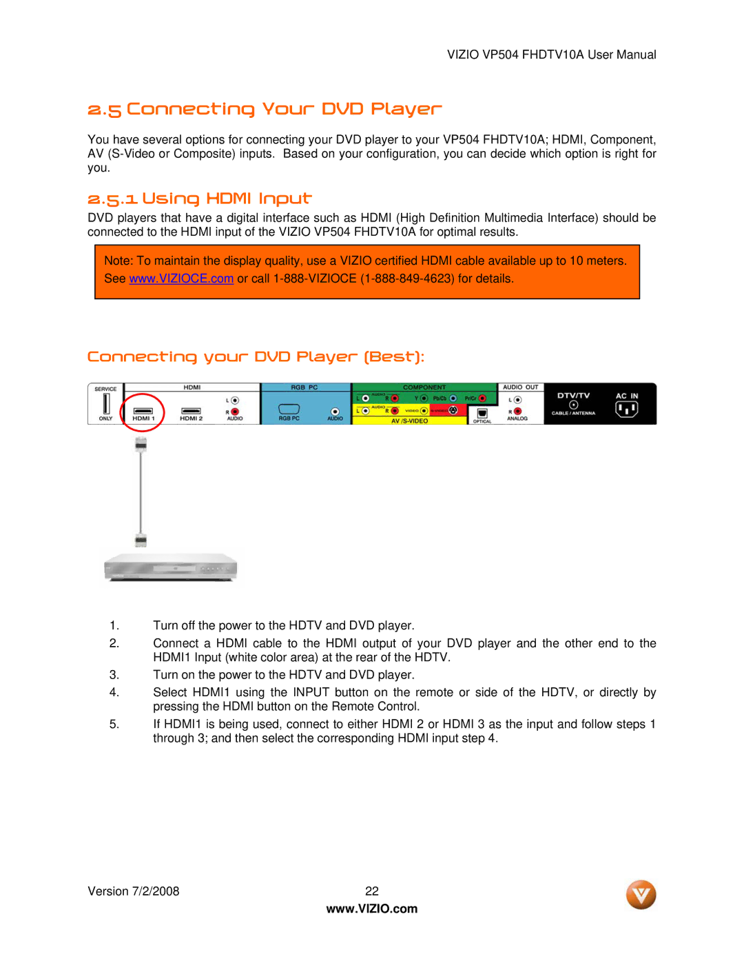 Vizio VP504 FHDTV10A manual Connecting Your DVD Player, Connecting your DVD Player Best 