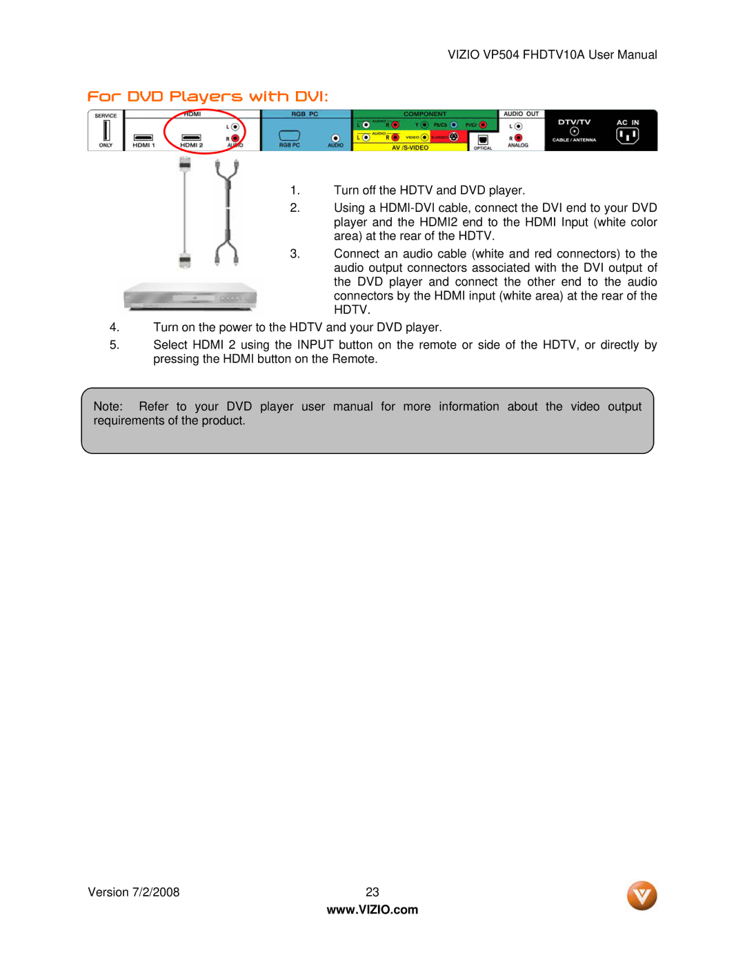 Vizio VP504 FHDTV10A manual For DVD Players with DVI 