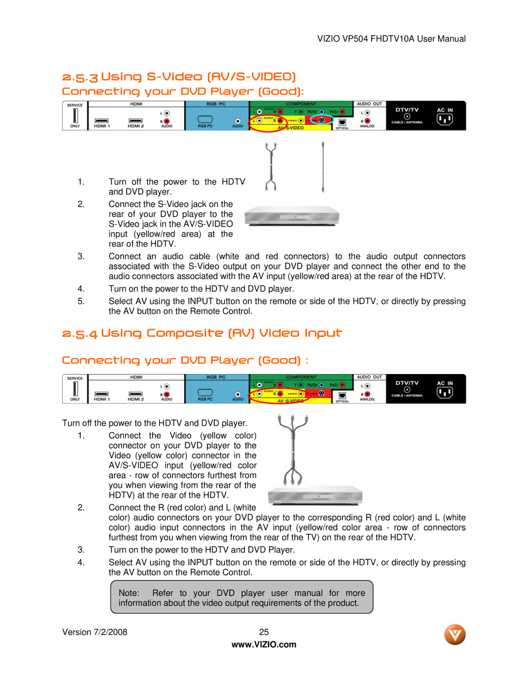 Vizio VP504 FHDTV10A manual Using S-Video AV/S-VIDEO, Using Composite AV Video Input 