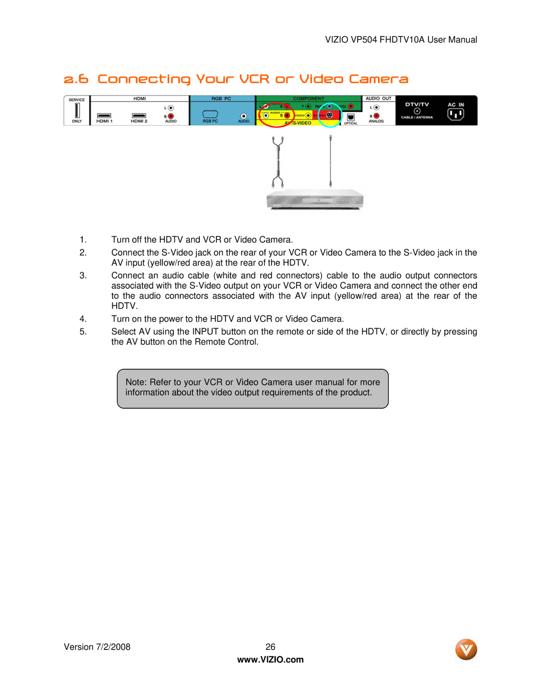 Vizio VP504 FHDTV10A manual Connecting Your VCR or Video Camera 