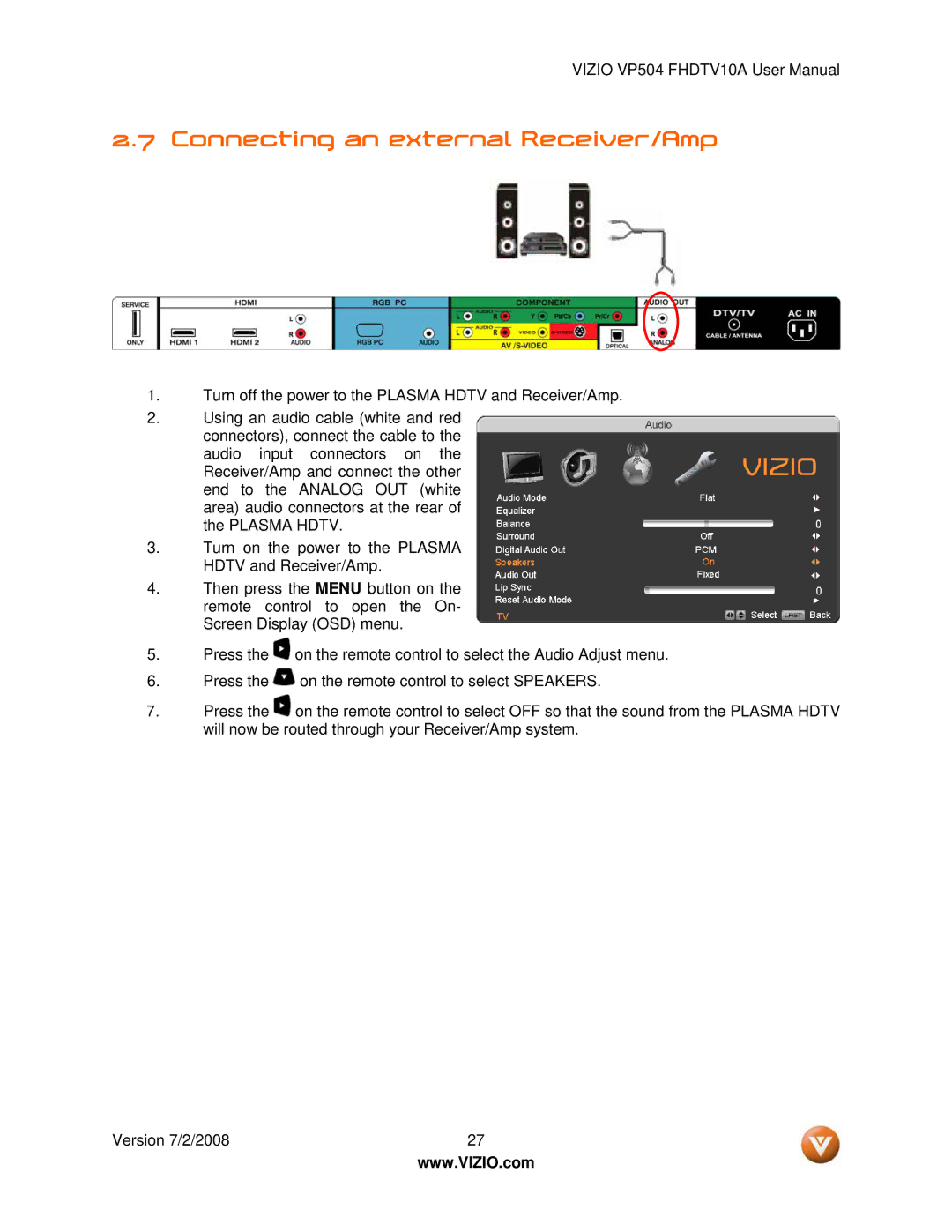 Vizio VP504 FHDTV10A manual Connecting an external Receiver/Amp 