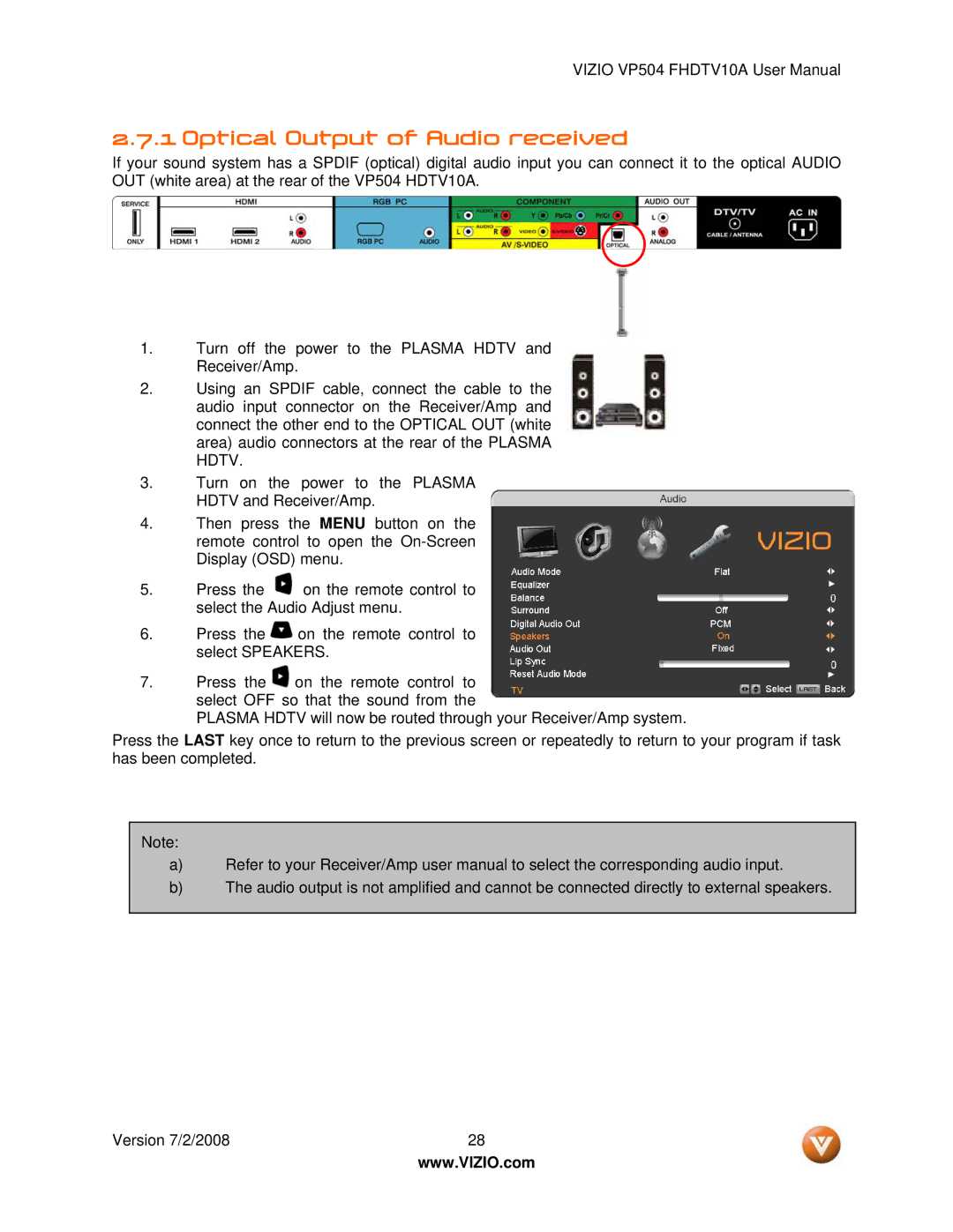 Vizio VP504 FHDTV10A manual Optical Output of Audio received 