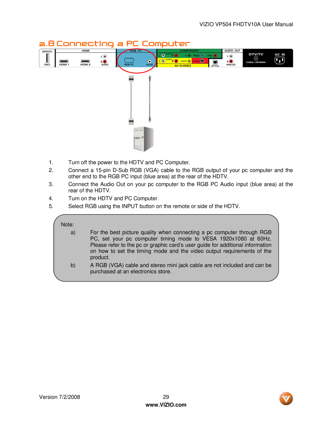 Vizio VP504 FHDTV10A manual Connecting a PC Computer 