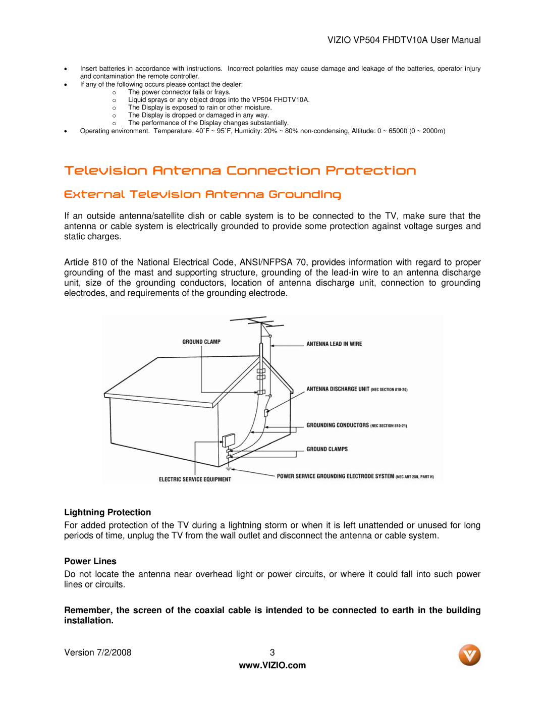 Vizio VP504 FHDTV10A manual Television Antenna Connection Protection, External Television Antenna Grounding 
