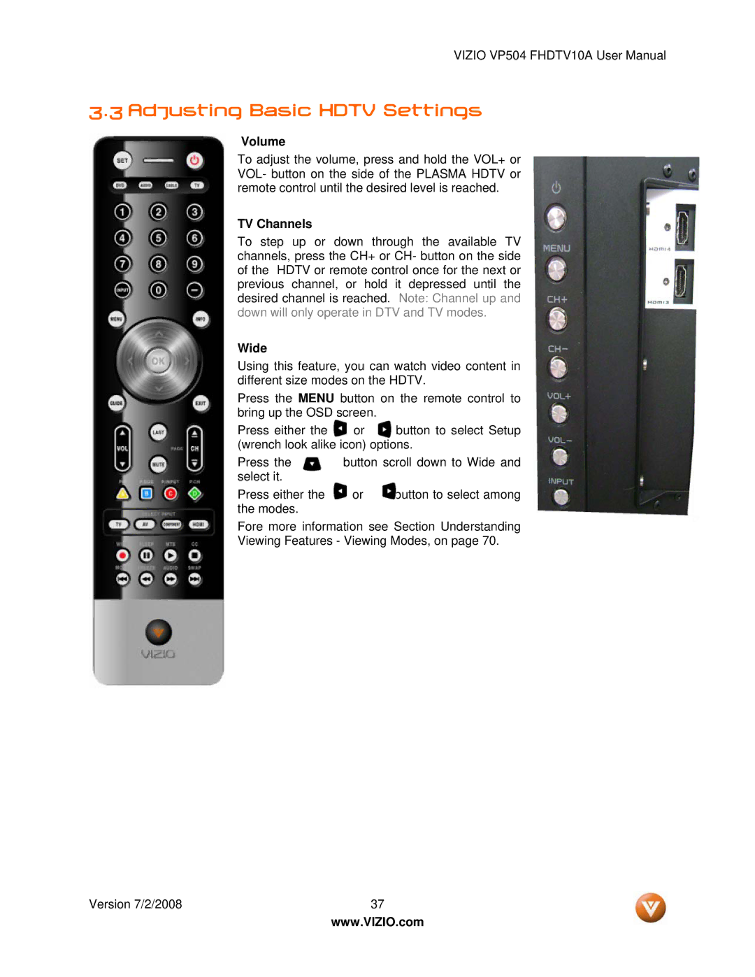 Vizio VP504 FHDTV10A manual Adjusting Basic Hdtv Settings, Volume 