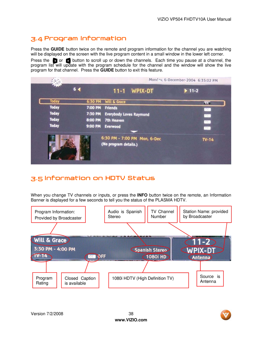 Vizio VP504 FHDTV10A manual Program Information, Information on Hdtv Status 