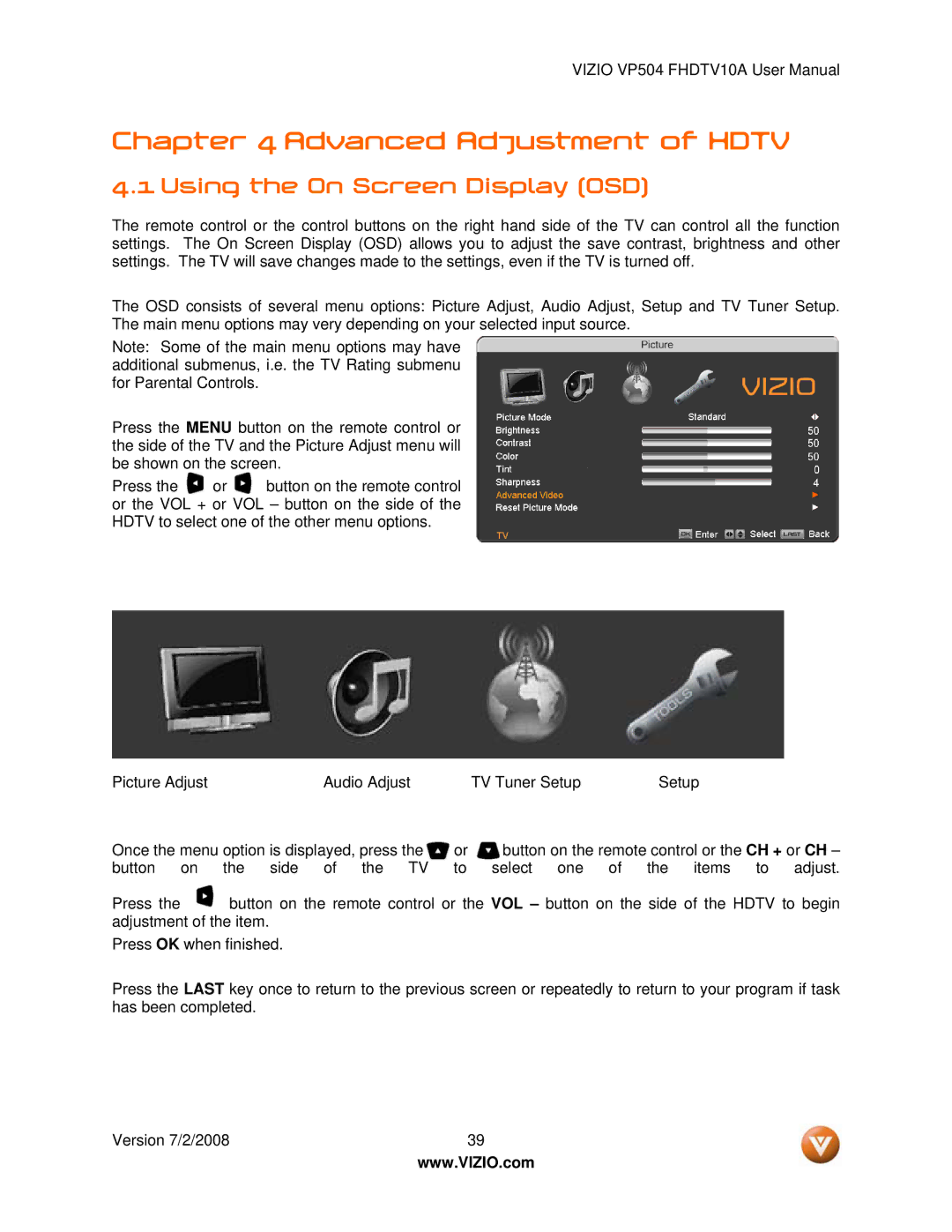 Vizio VP504 FHDTV10A manual Advanced Adjustment of Hdtv, Using the On Screen Display OSD 