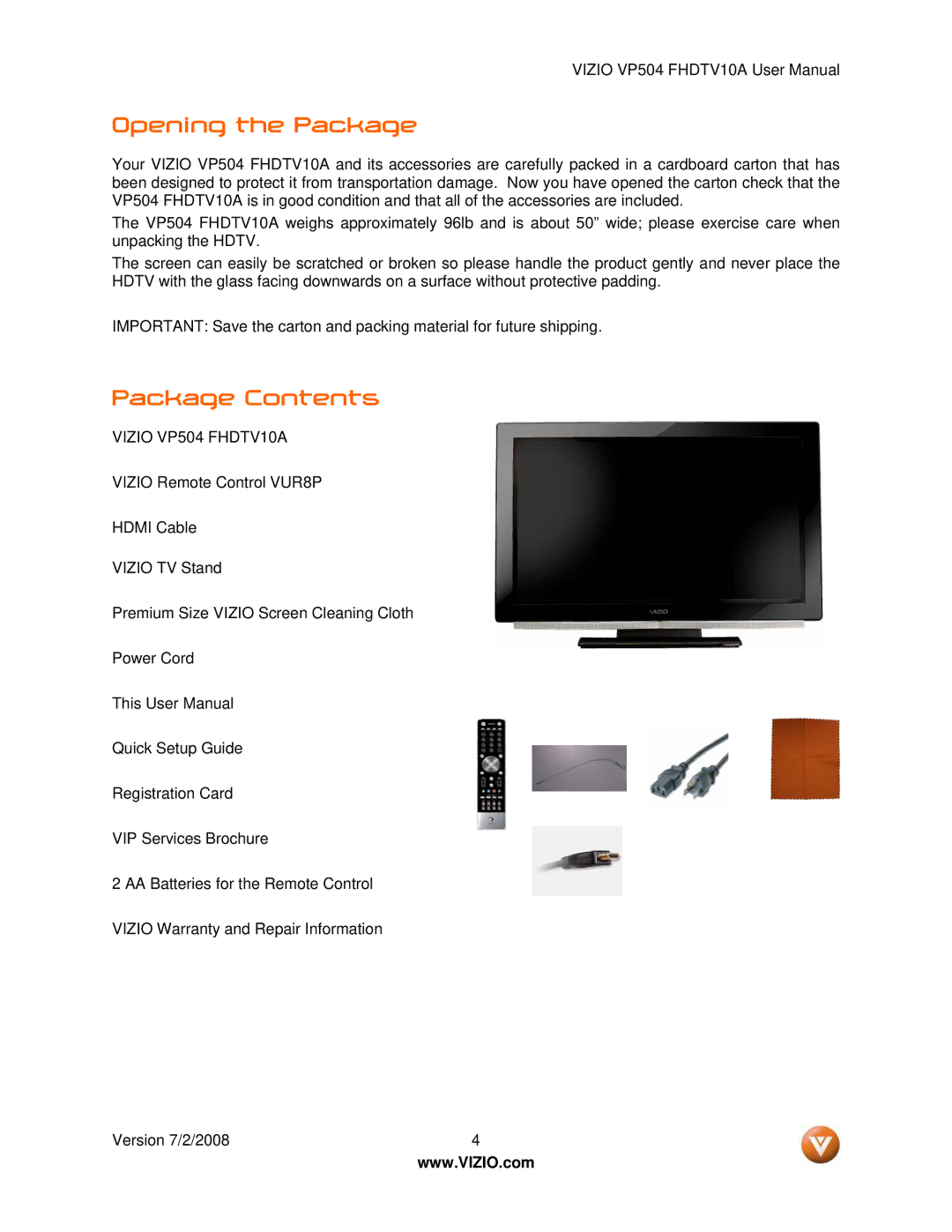 Vizio VP504 FHDTV10A manual Opening the Package, Package Contents 