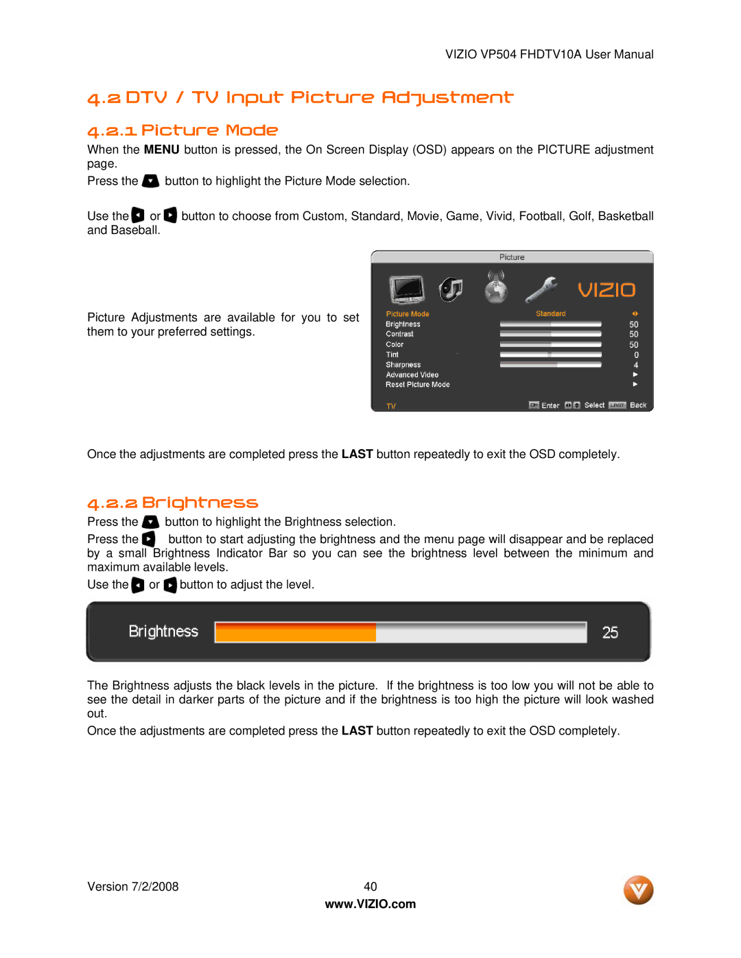 Vizio VP504 FHDTV10A manual DTV / TV Input Picture Adjustment, Picture Mode, Brightness 