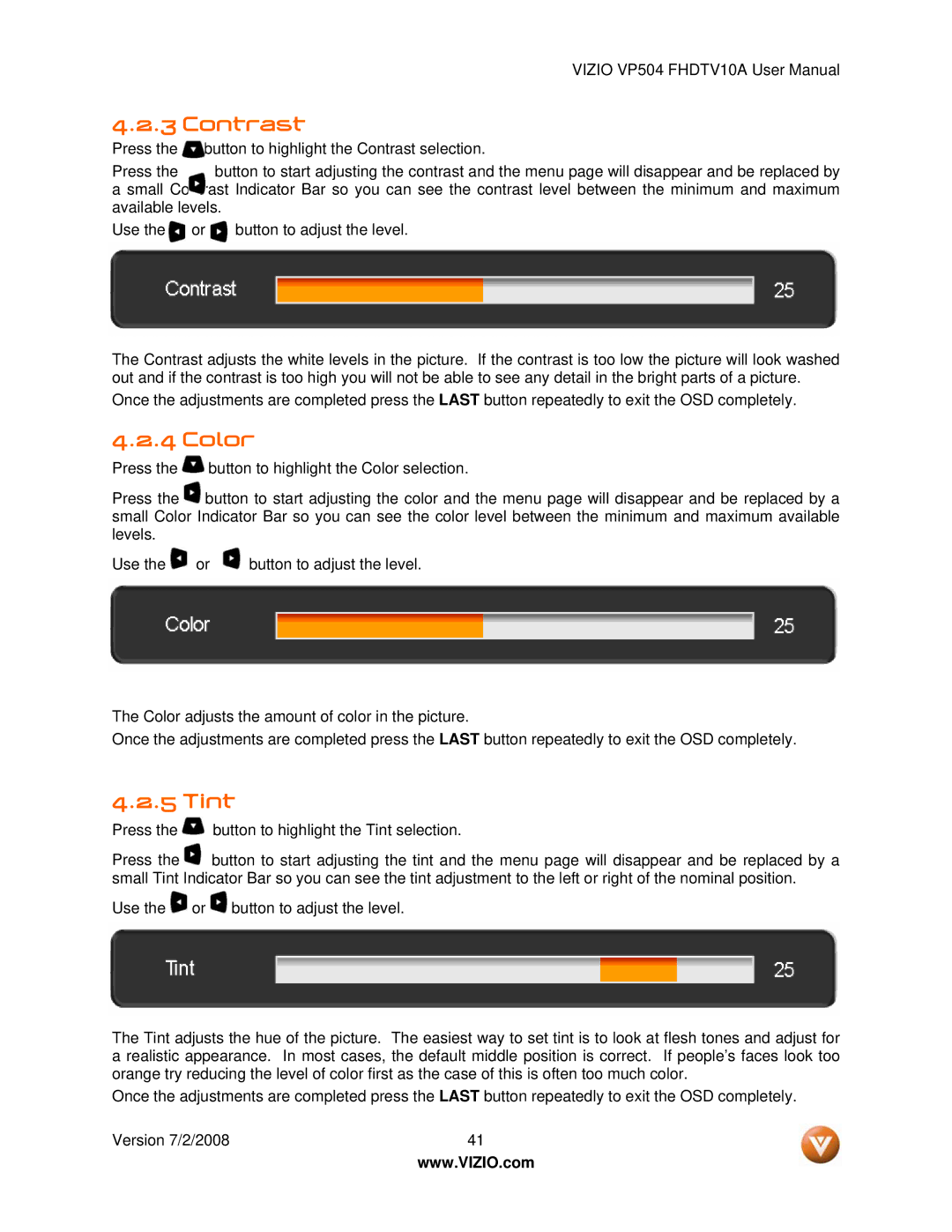 Vizio VP504 FHDTV10A manual Contrast, Color, Tint 