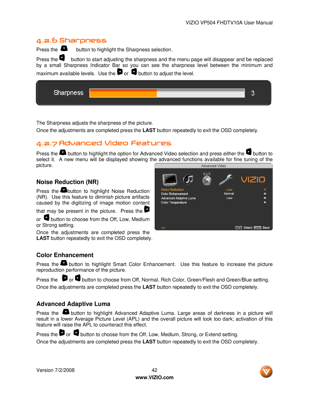 Vizio VP504 FHDTV10A manual Sharpness, Advanced Video Features 