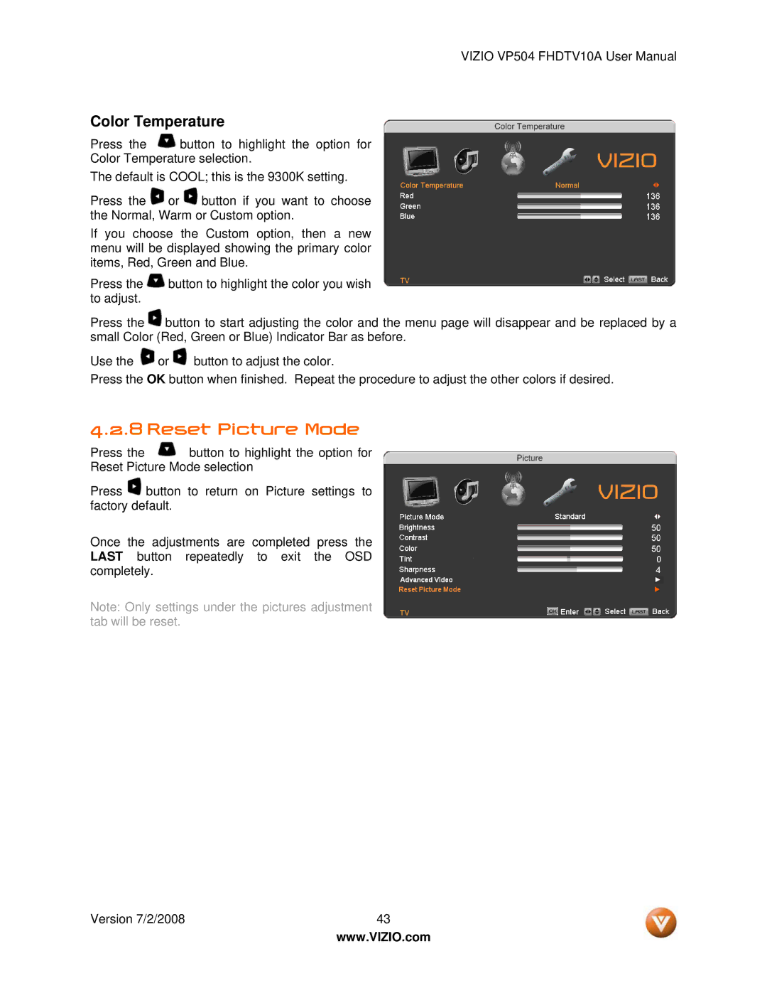 Vizio VP504 FHDTV10A manual Reset Picture Mode, Color Temperature 
