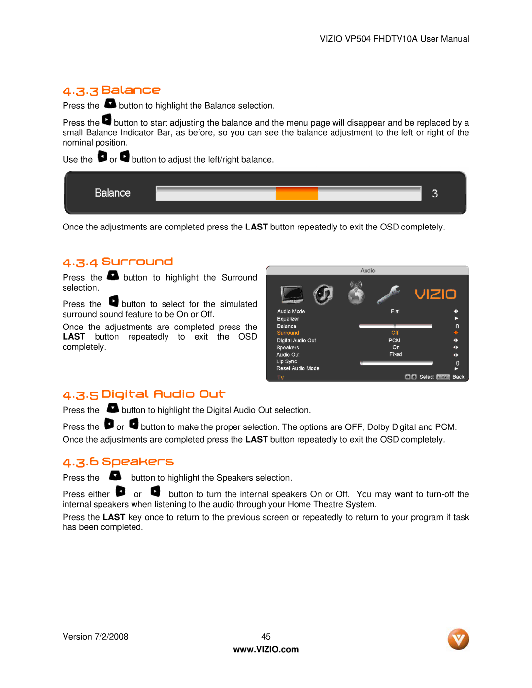 Vizio VP504 FHDTV10A manual Balance, Surround, Digital Audio Out, Speakers 