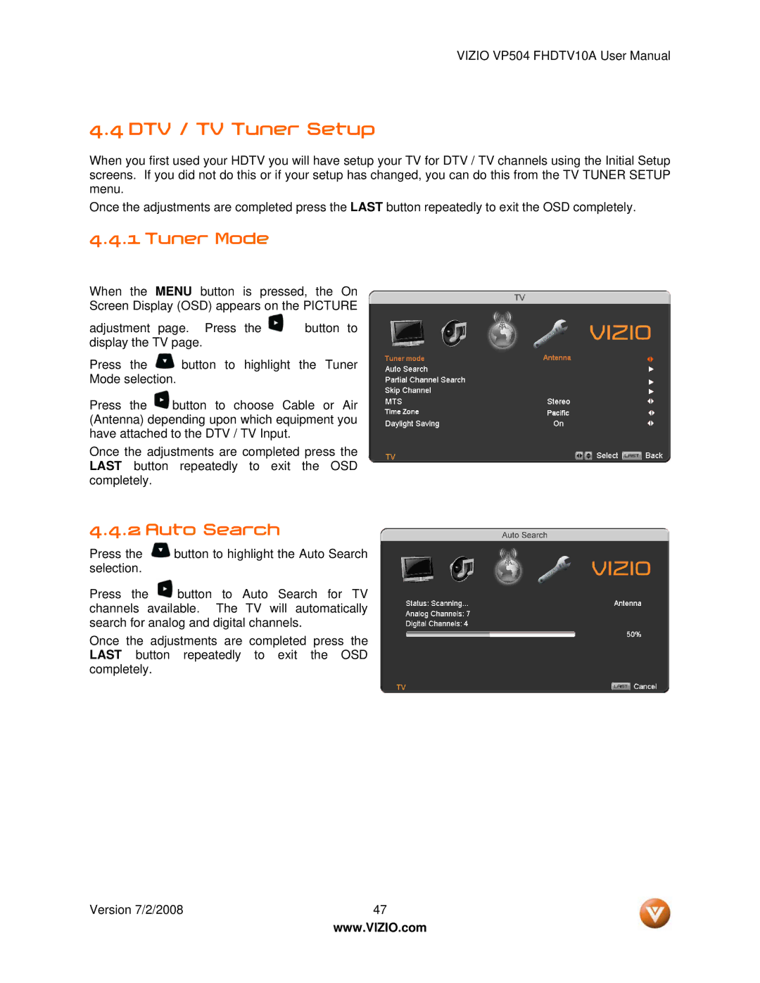 Vizio VP504 FHDTV10A manual DTV / TV Tuner Setup, Tuner Mode, Auto Search 