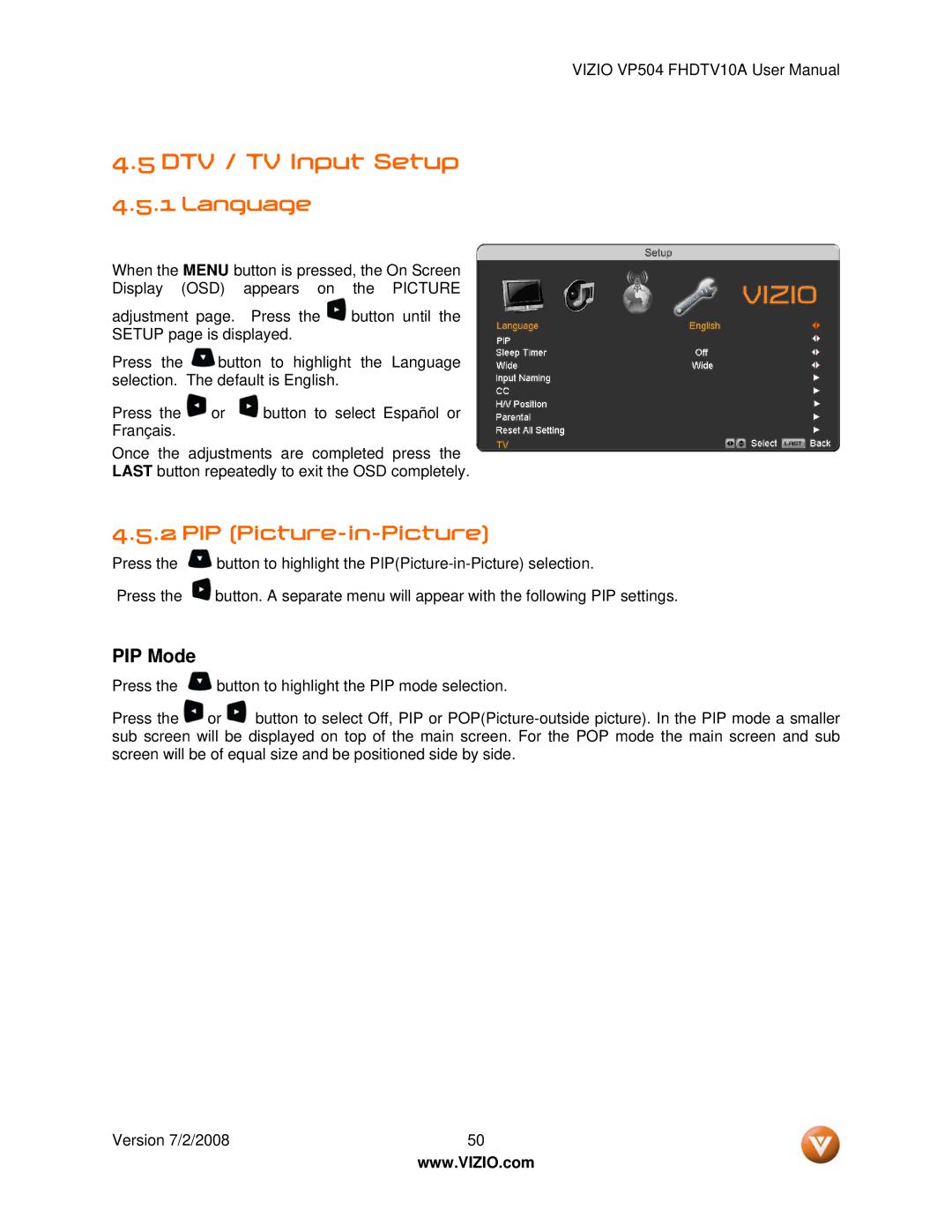 Vizio VP504 FHDTV10A manual DTV / TV Input Setup, Language, PIP Picture-in-Picture 