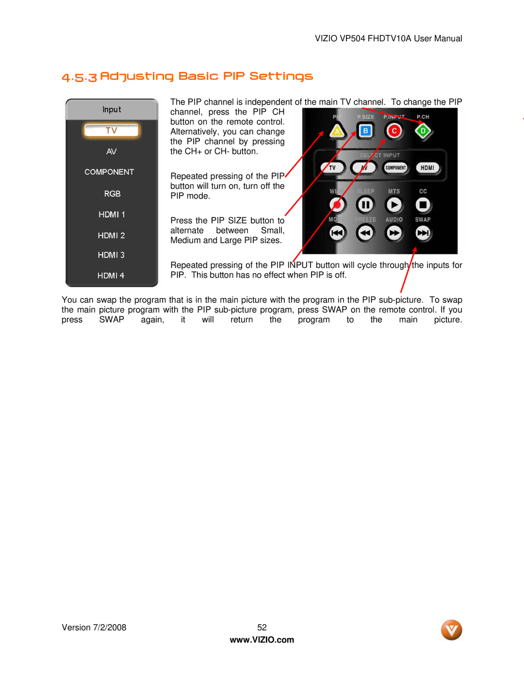 Vizio VP504 FHDTV10A manual Adjusting Basic PIP Settings, Again Will Return Program Main Picture Version 7/2/2008 