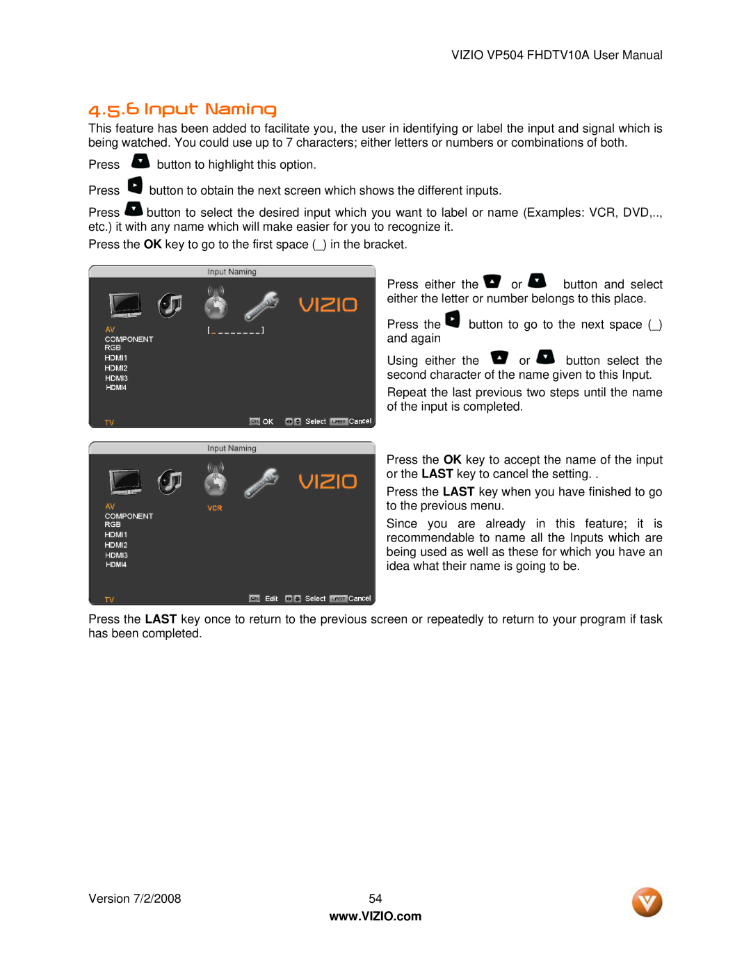 Vizio VP504 FHDTV10A manual Input Naming 