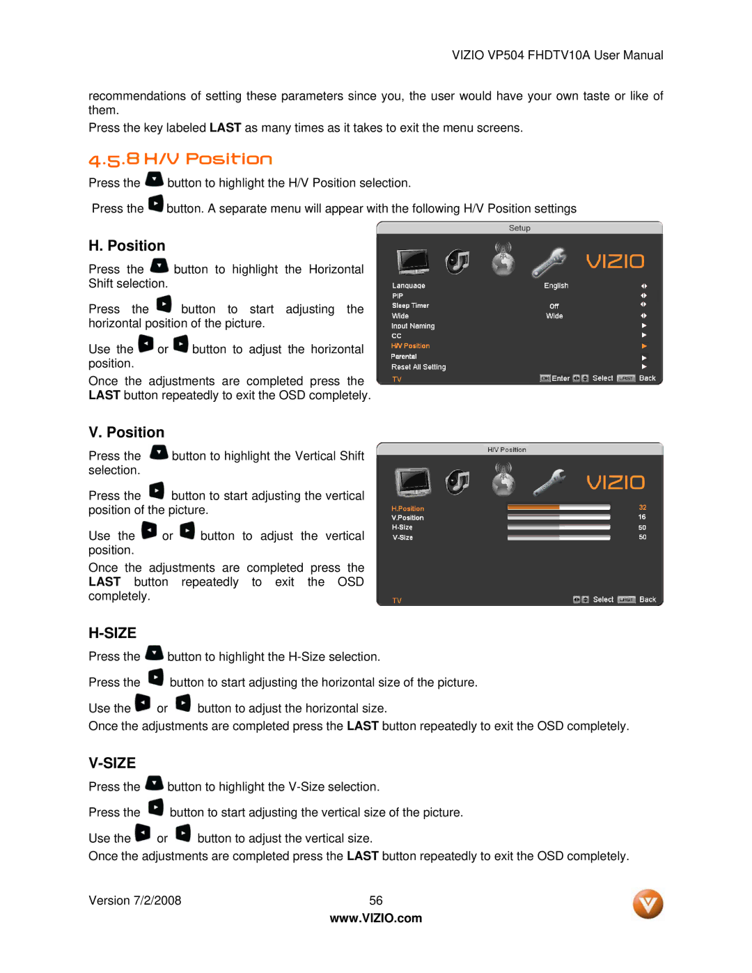 Vizio VP504 FHDTV10A manual 8 H/V Position 
