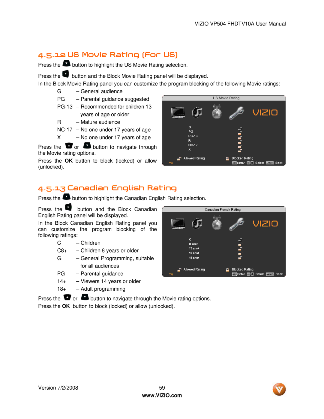 Vizio VP504 FHDTV10A manual US Movie Rating For US, Canadian English Rating 