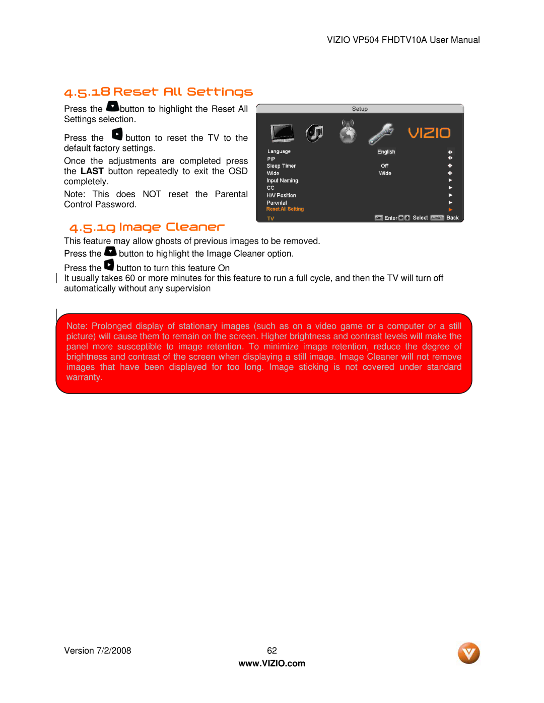 Vizio VP504 FHDTV10A manual Reset All Settings, Image Cleaner 