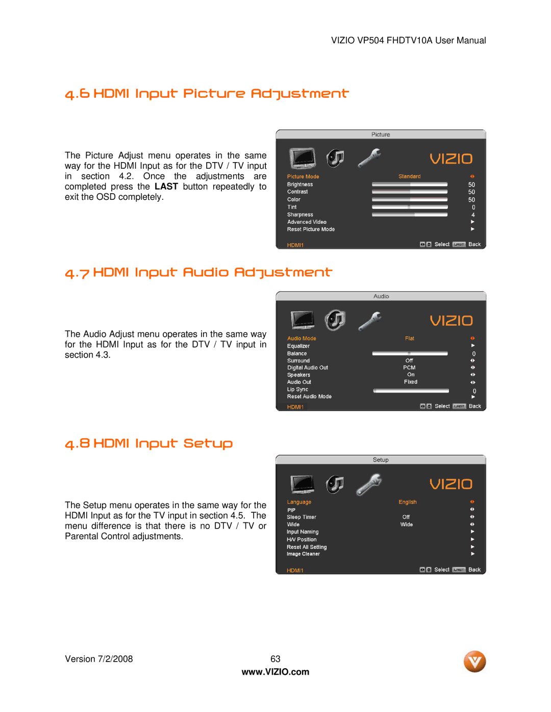 Vizio VP504 FHDTV10A manual Hdmi Input Picture Adjustment, Hdmi Input Audio Adjustment, Hdmi Input Setup 