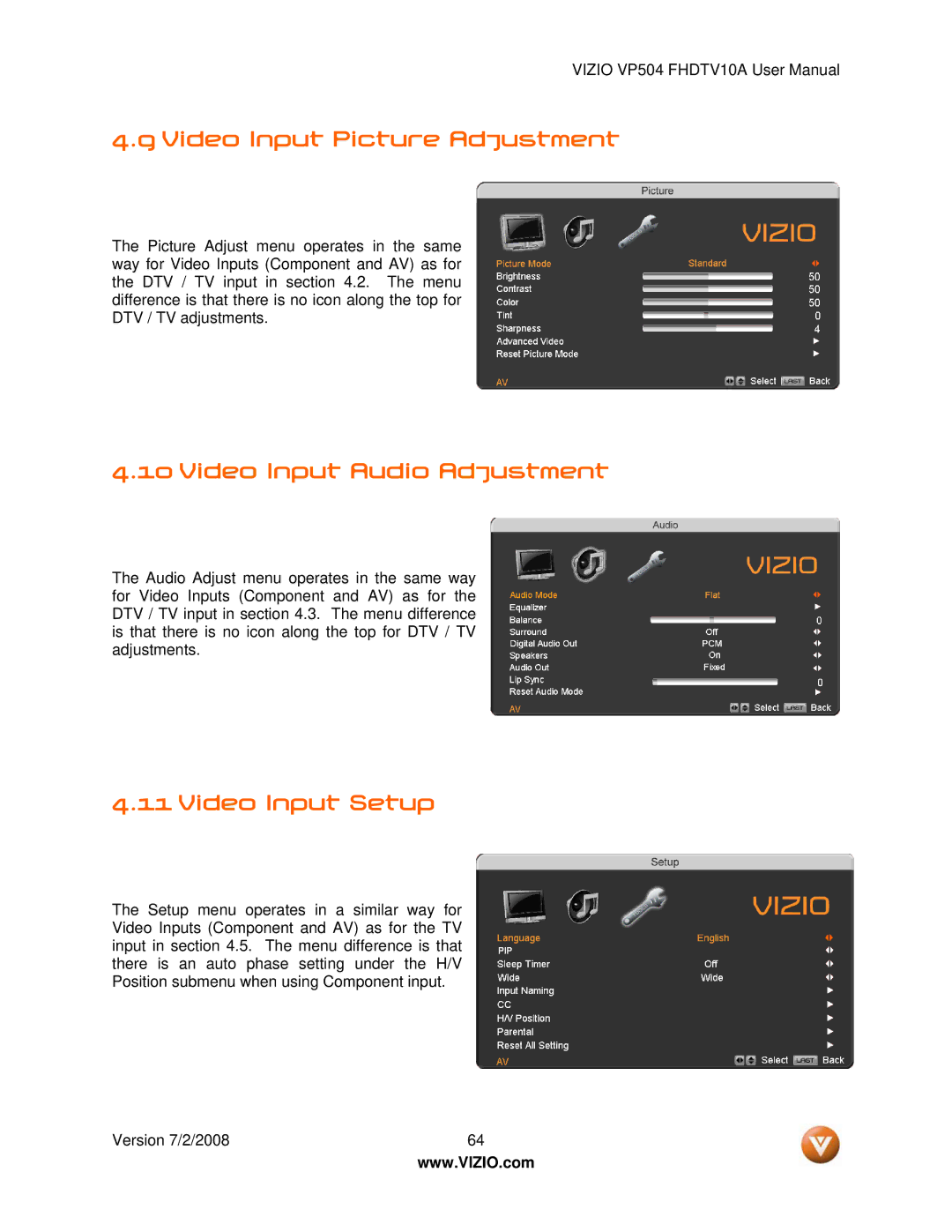 Vizio VP504 FHDTV10A manual Video Input Picture Adjustment, Video Input Audio Adjustment, Video Input Setup 