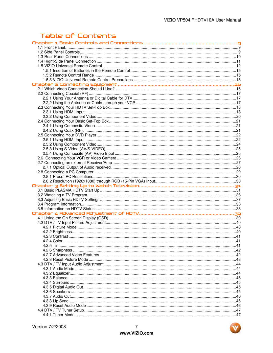 Vizio VP504 FHDTV10A manual Table of Contents 