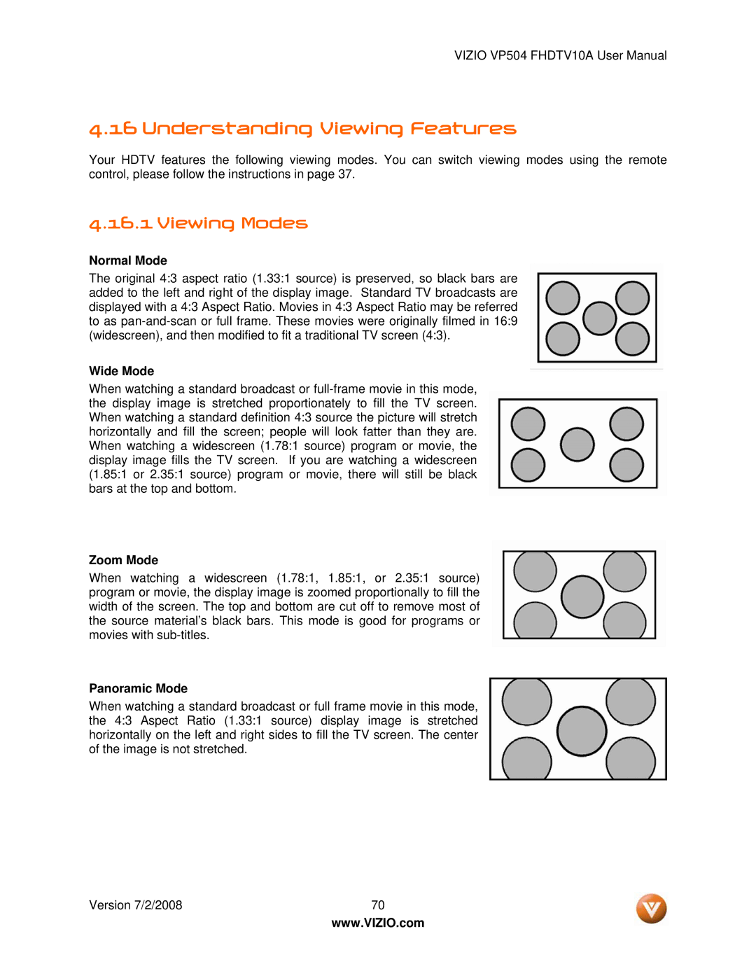 Vizio VP504 FHDTV10A manual Understanding Viewing Features, Viewing Modes 