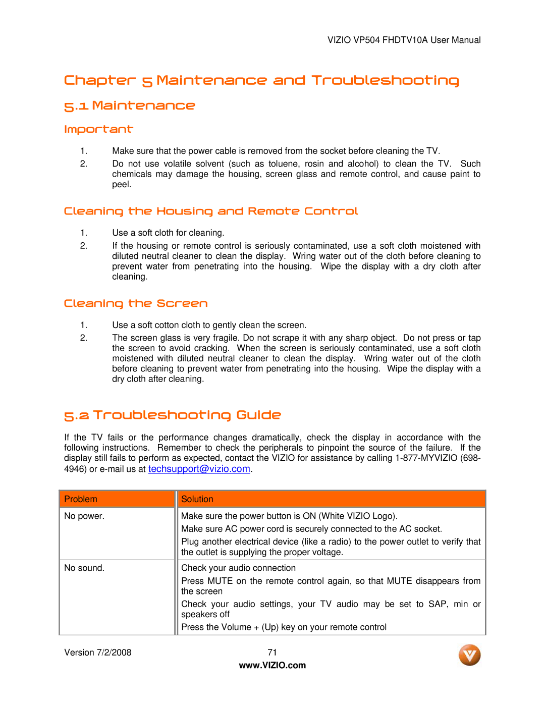 Vizio VP504 FHDTV10A manual Maintenance, Troubleshooting Guide 