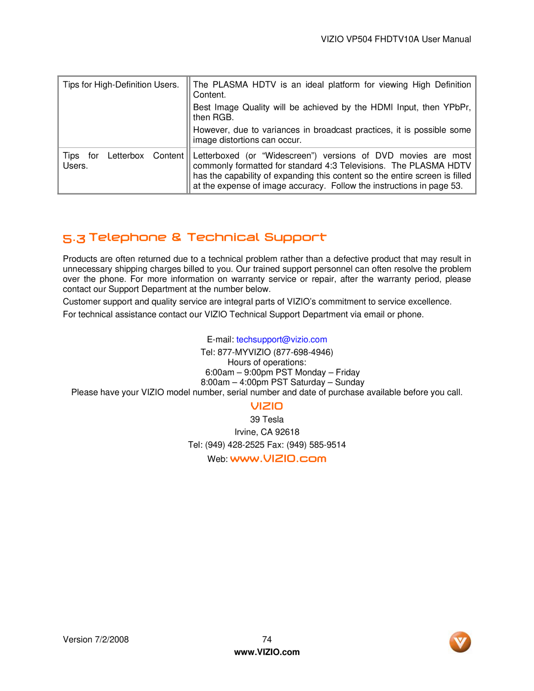Vizio VP504 FHDTV10A manual Telephone & Technical Support, Tesla Irvine, CA Tel 949 428-2525 Fax 949 Version 7/2/2008 
