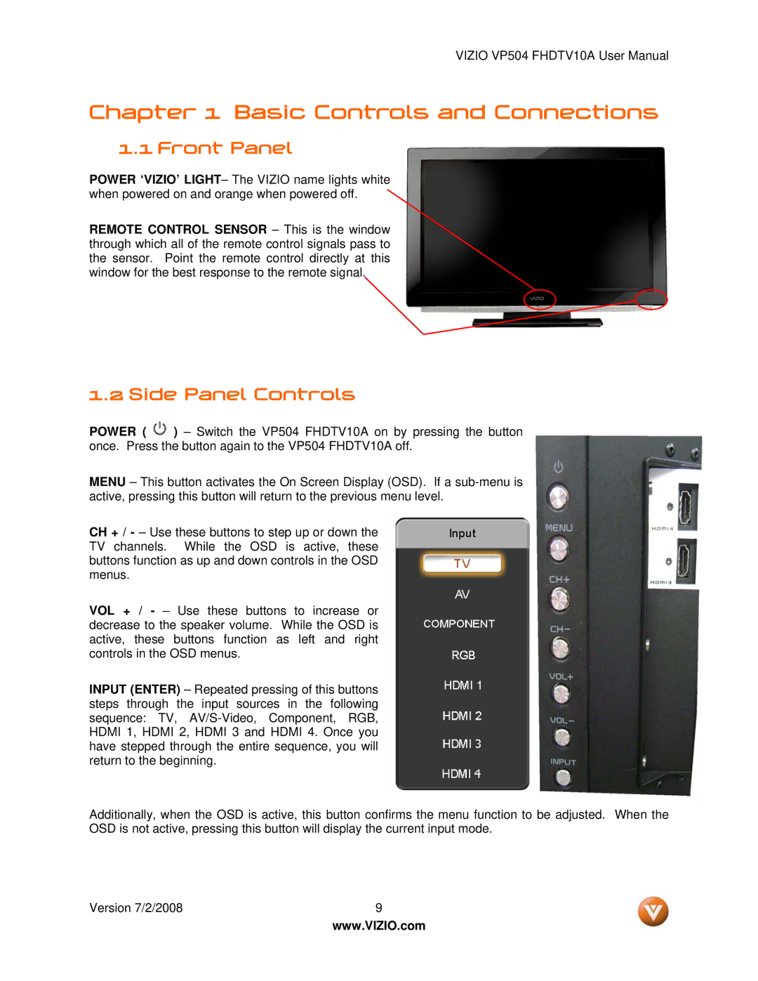 Vizio VP504 FHDTV10A manual Front Panel, Side Panel Controls 