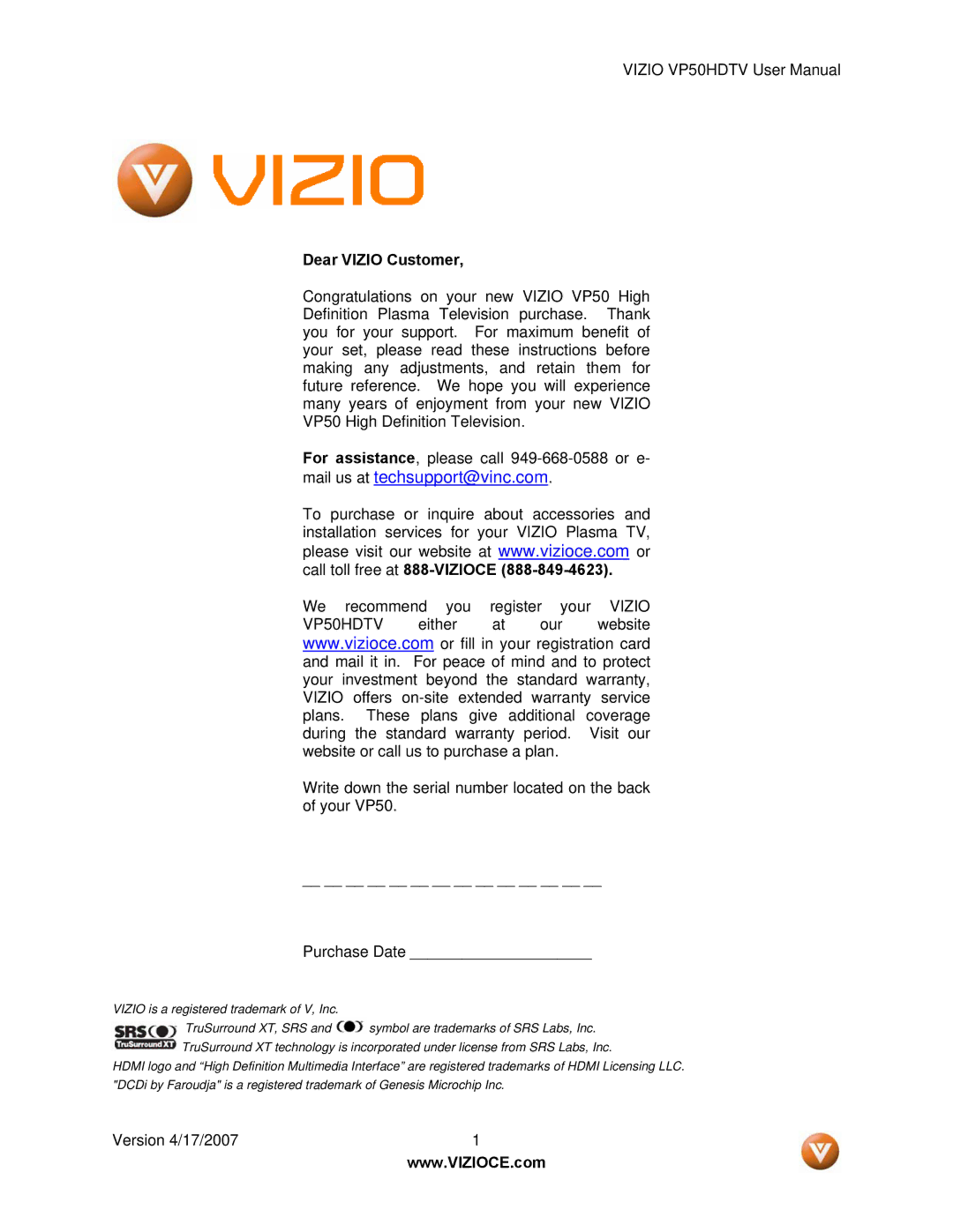 Vizio VP50HDTV manual Mail us at techsupport@vinc.com, Dear Vizio Customer 