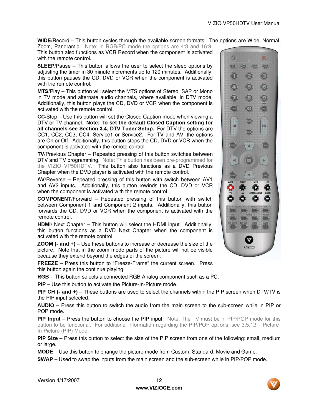 Vizio VP50HDTV manual 