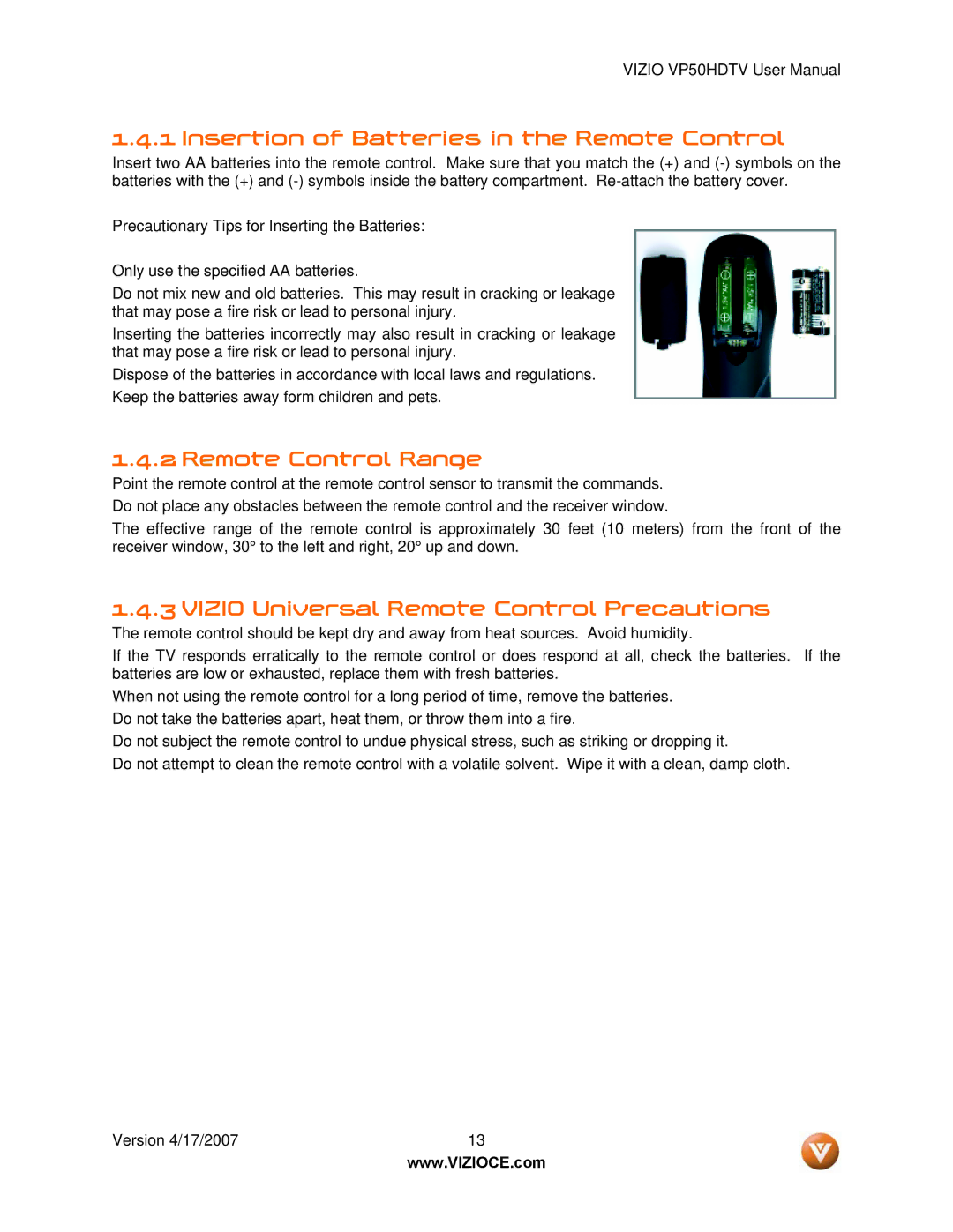 Vizio VP50HDTV manual Insertion of Batteries in the Remote Control, Remote Control Range 