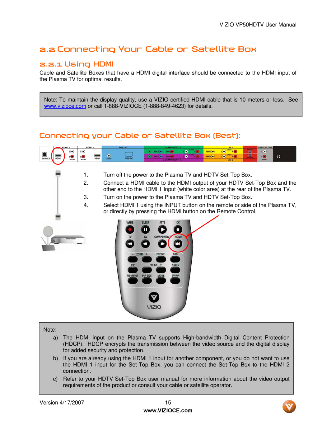 Vizio VP50HDTV manual Connecting Your Cable or Satellite Box, Using Hdmi, Connecting your Cable or Satellite Box Best 