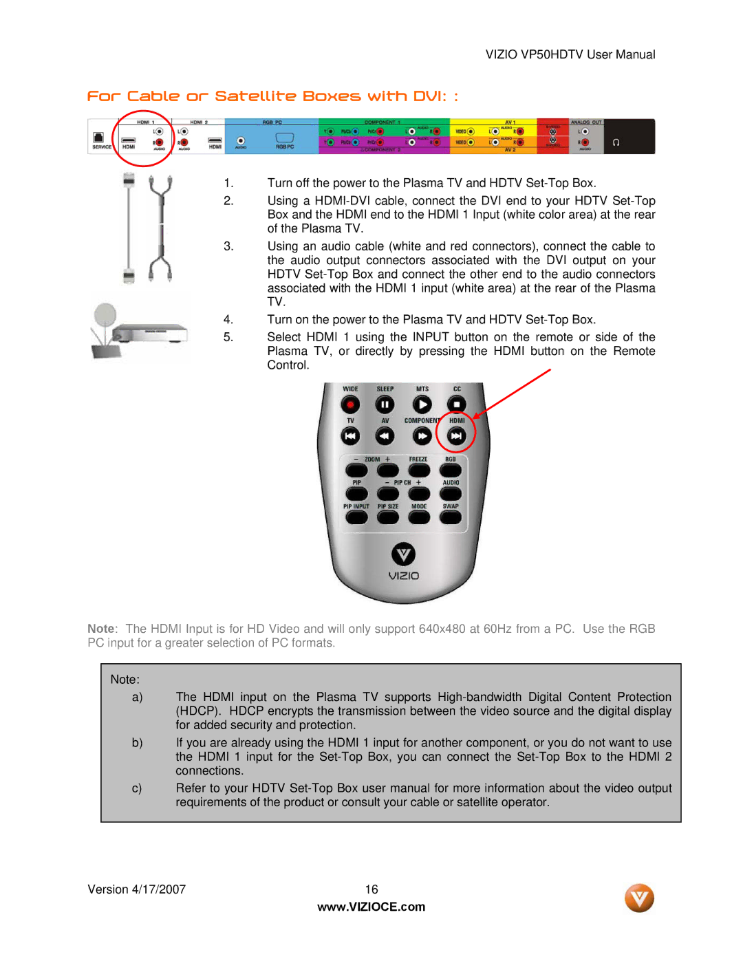 Vizio VP50HDTV manual For Cable or Satellite Boxes with DVI 