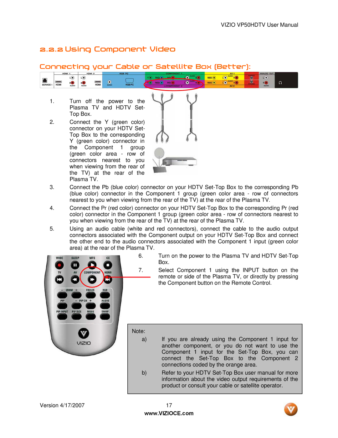 Vizio VP50HDTV manual Using Component Video, Connecting your Cable or Satellite Box Better 