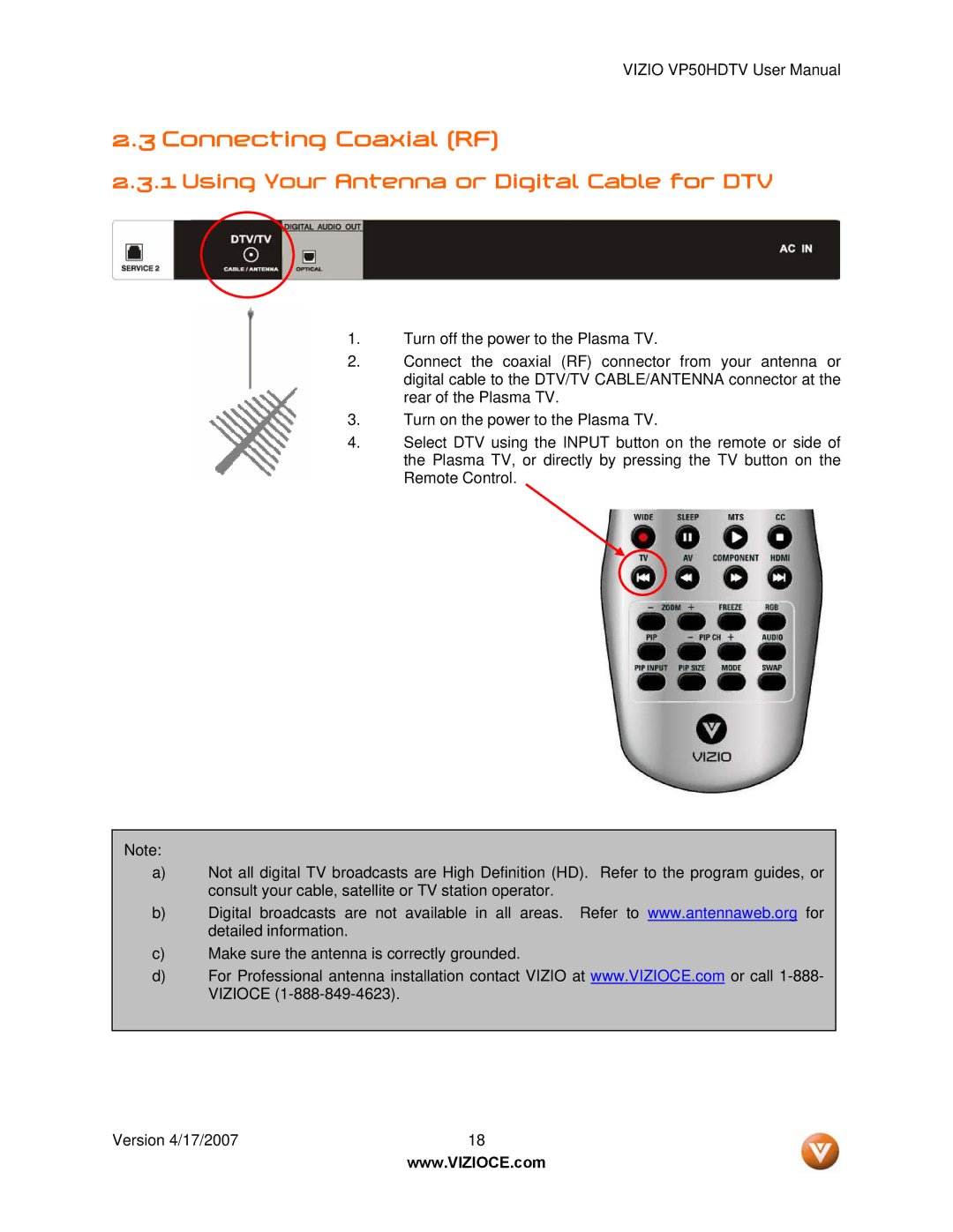 Vizio VP50HDTV manual Connecting Coaxial RF, Using Your Antenna or Digital Cable for DTV 