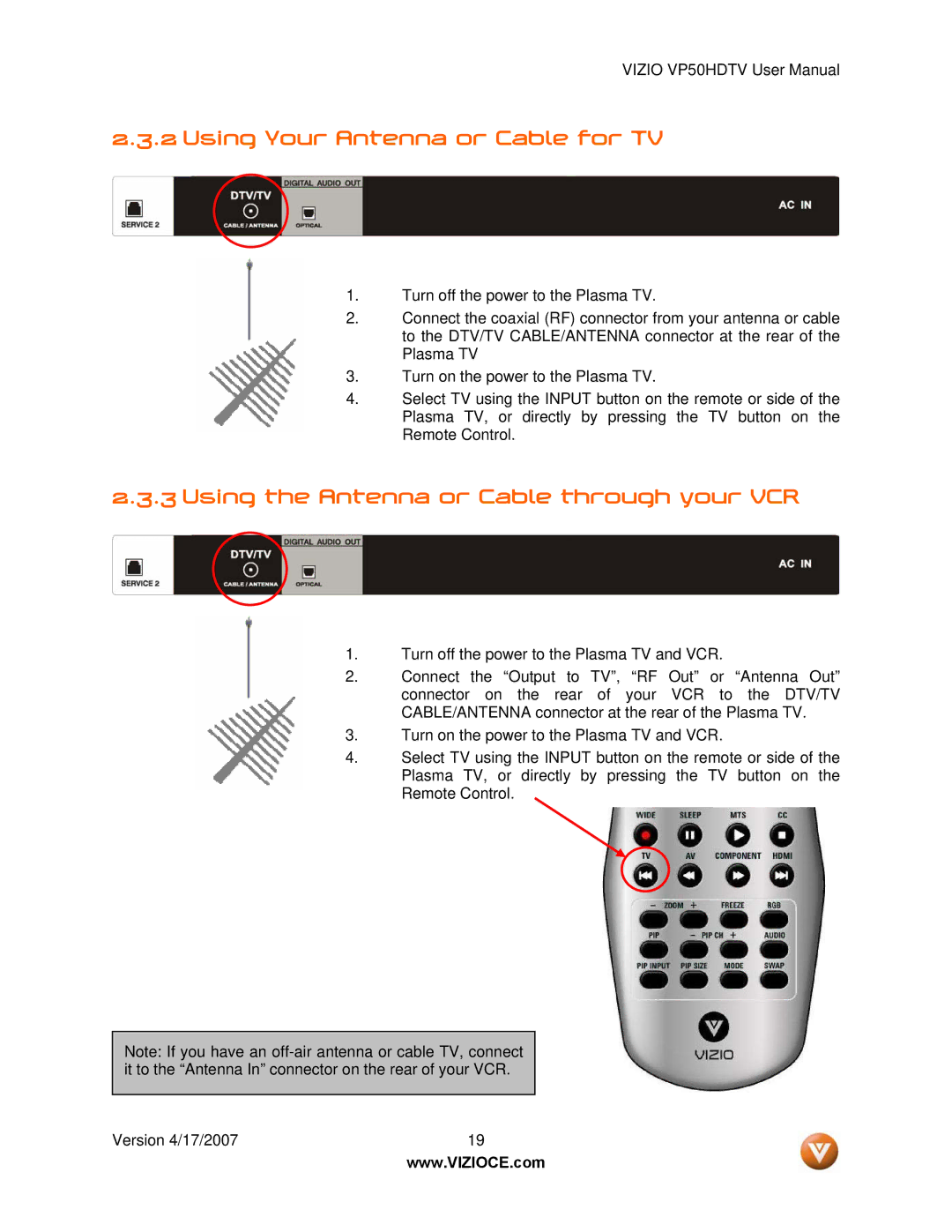 Vizio VP50HDTV manual Using Your Antenna or Cable for TV, Using the Antenna or Cable through your VCR 