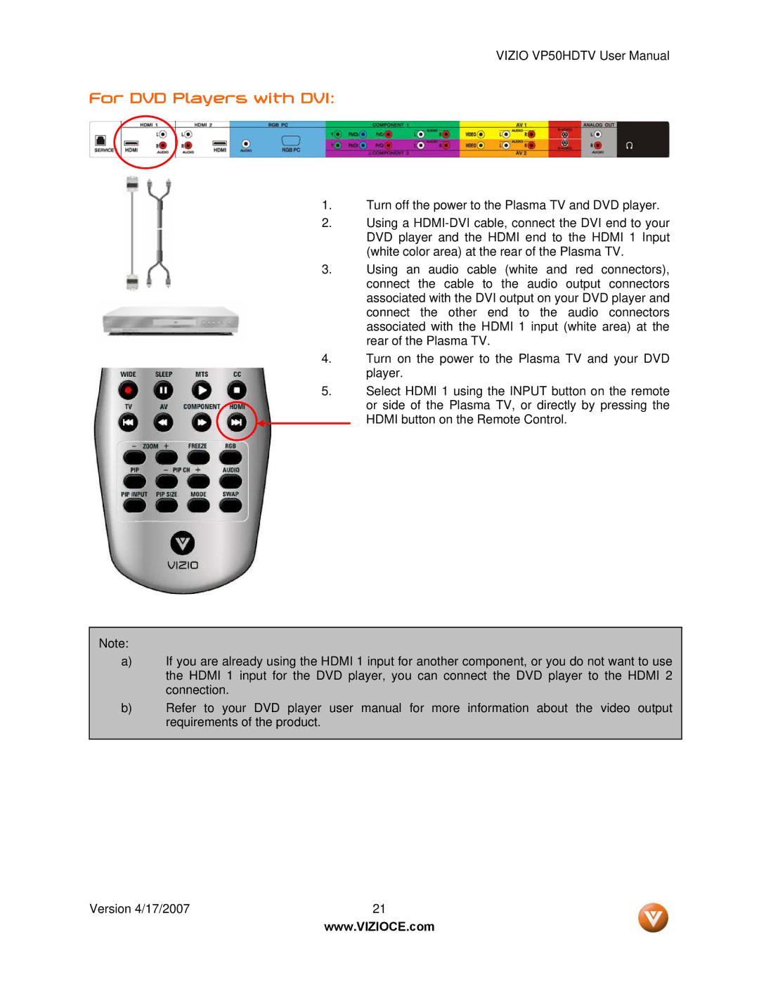 Vizio VP50HDTV manual For DVD Players with DVI 