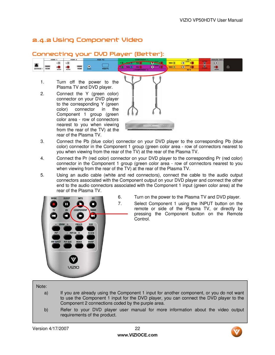 Vizio VP50HDTV manual Using Component Video, Connecting your DVD Player Better 