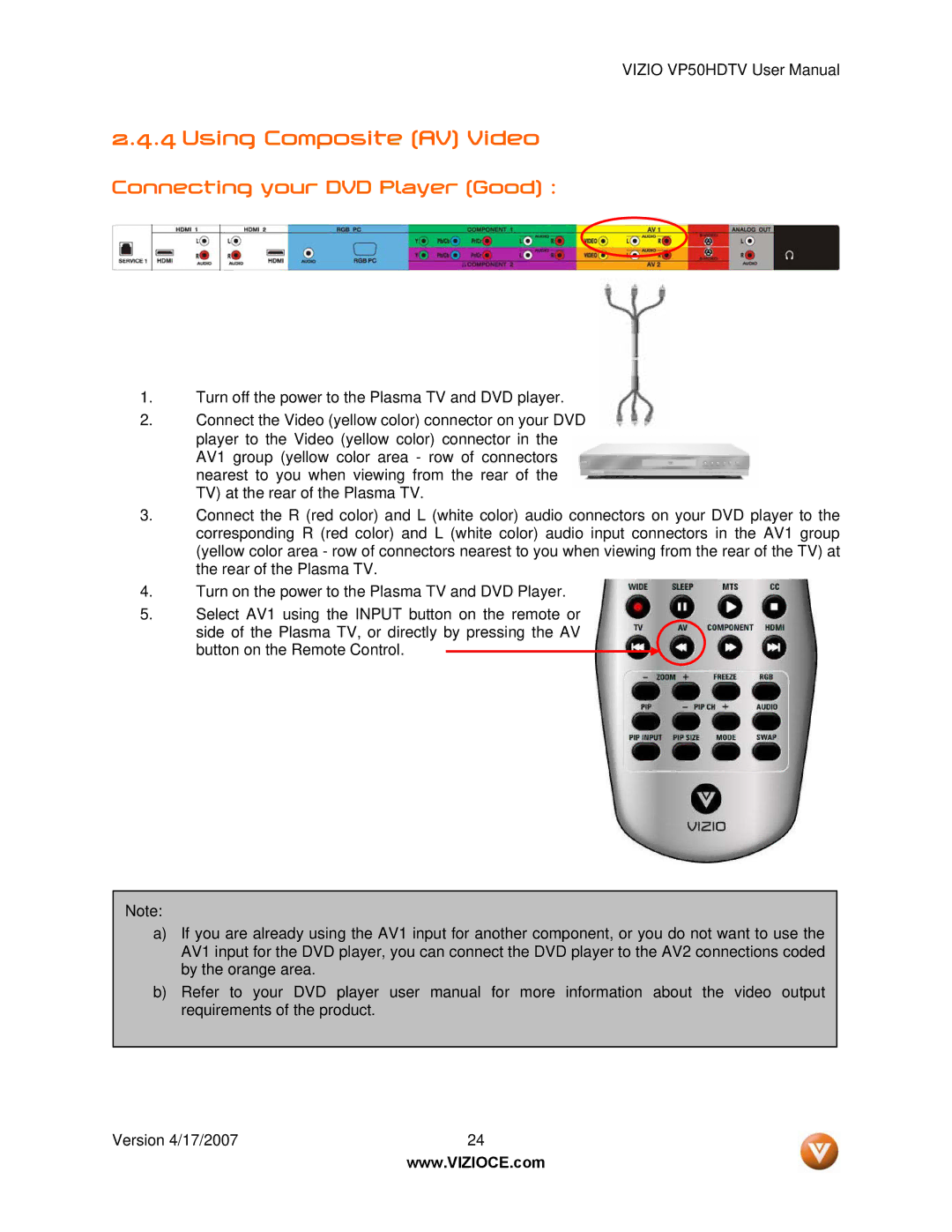 Vizio VP50HDTV manual Using Composite AV Video 