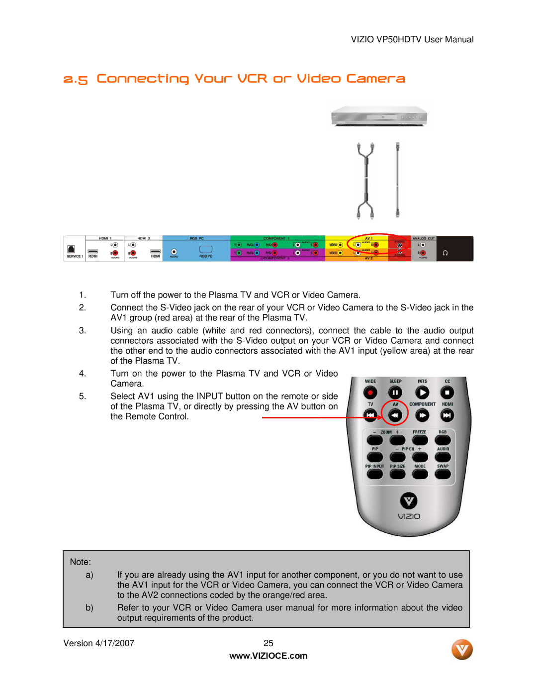 Vizio VP50HDTV manual Connecting Your VCR or Video Camera 