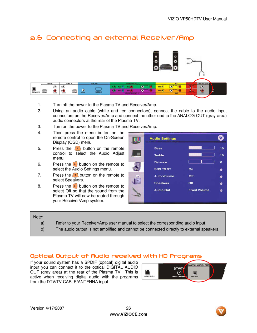 Vizio VP50HDTV manual Connecting an external Receiver/Amp, Optical Output of Audio received with HD Programs 