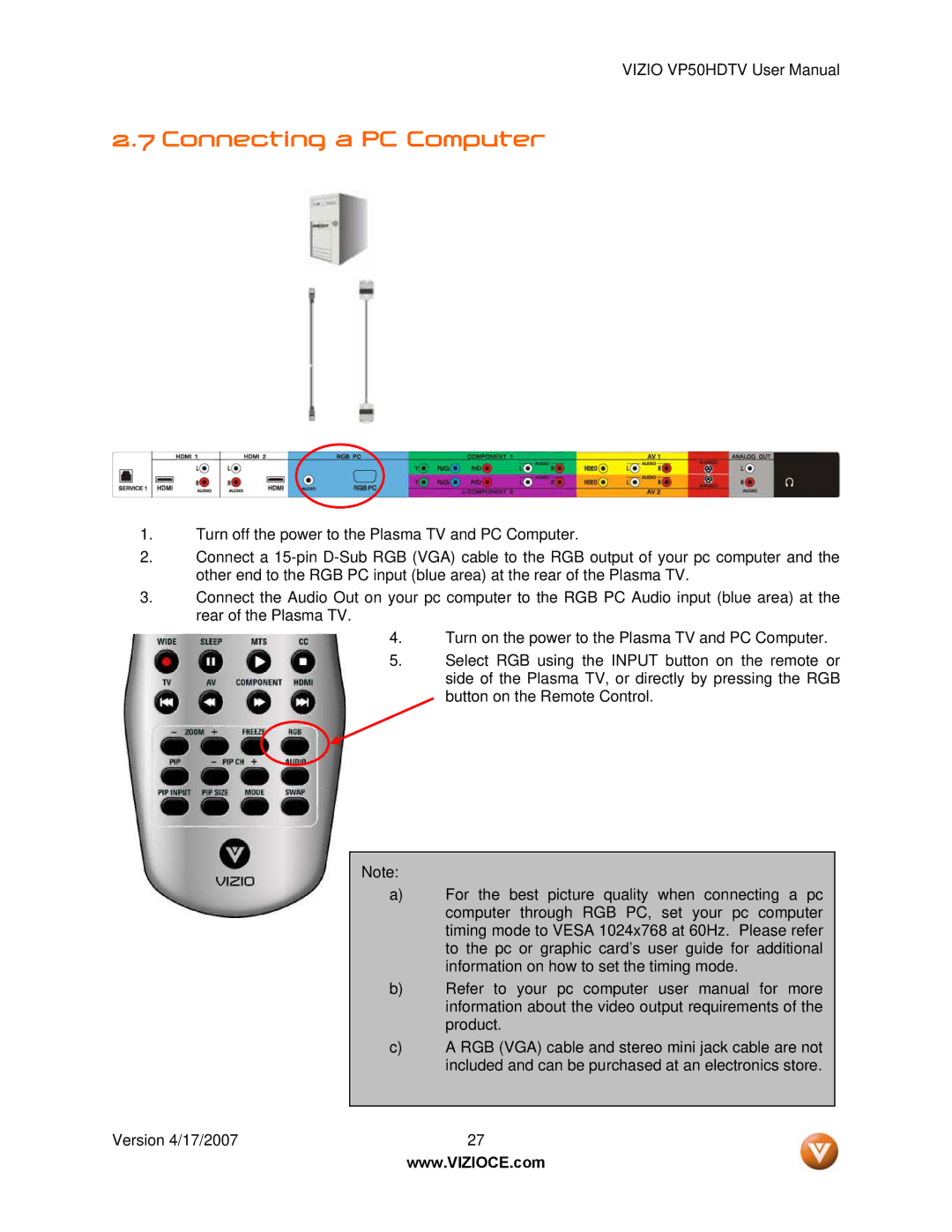 Vizio VP50HDTV manual Connecting a PC Computer 