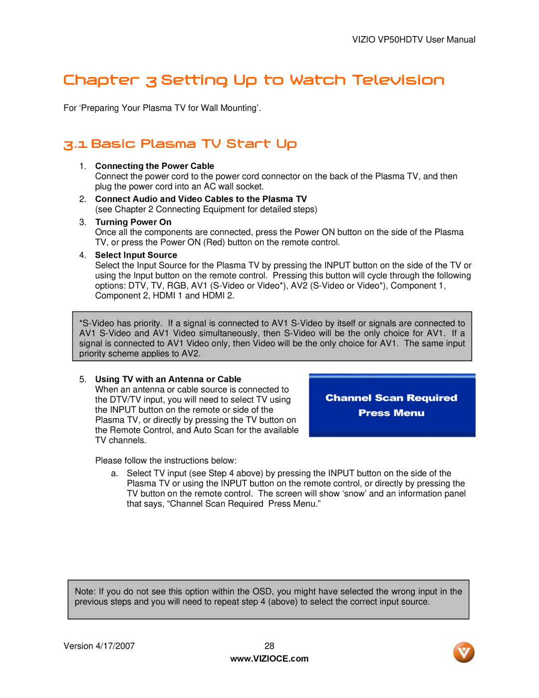 Vizio VP50HDTV manual Basic Plasma TV Start Up, Connecting the Power Cable, Select Input Source 