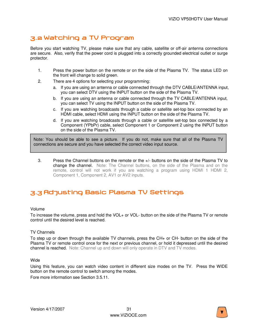 Vizio VP50HDTV manual Watching a TV Program, Adjusting Basic Plasma TV Settings, Volume, TV Channels, Wide 