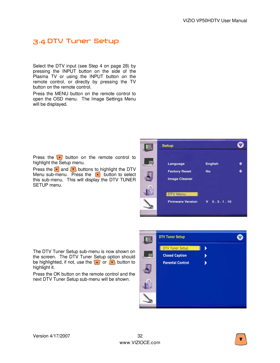 Vizio VP50HDTV manual DTV Tuner Setup 