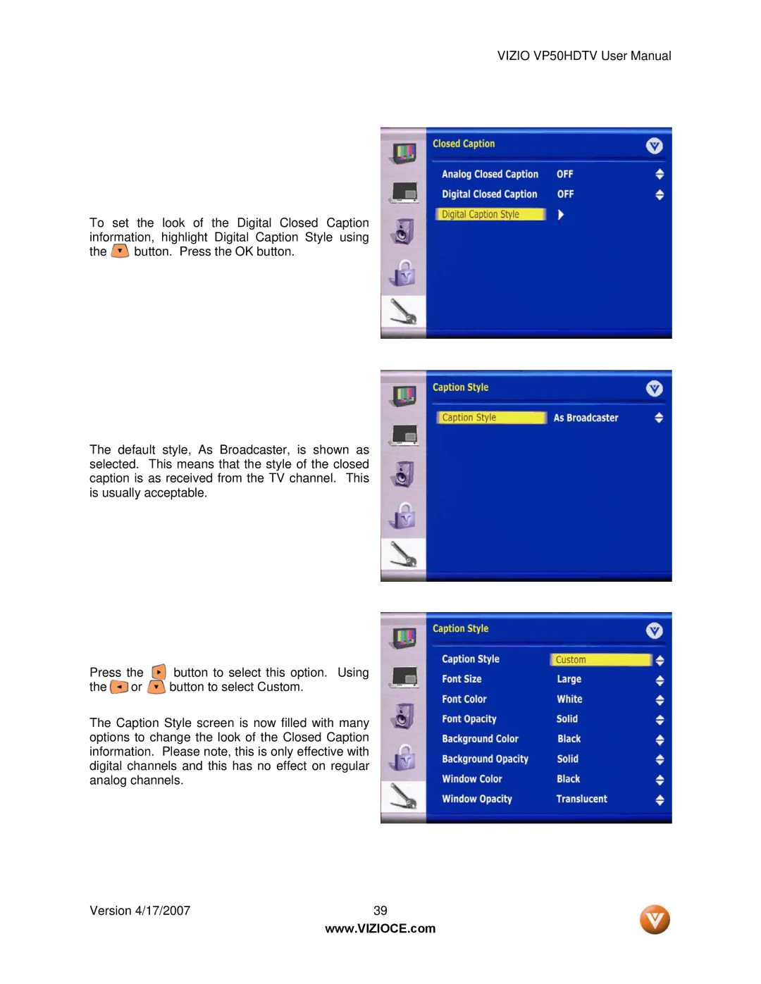 Vizio VP50HDTV manual 