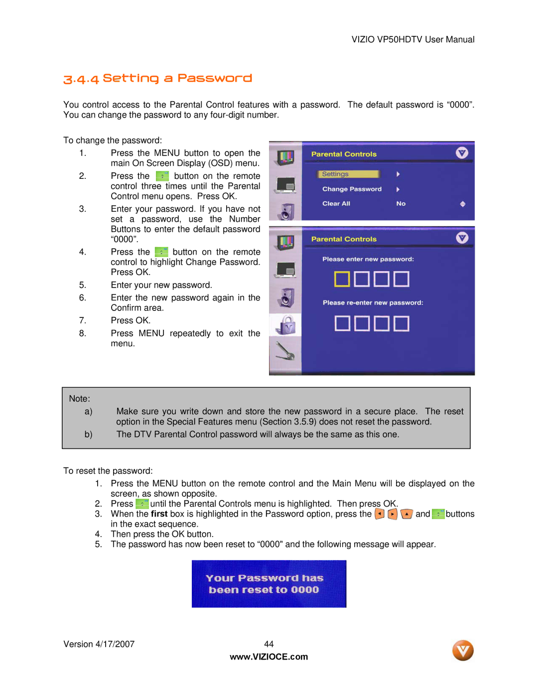 Vizio VP50HDTV manual Setting a Password 